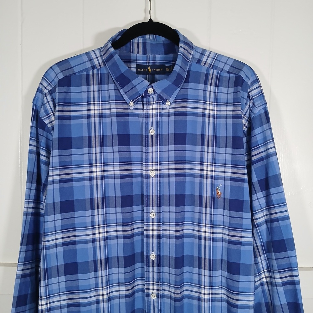 Ralph Lauren Mens 2XLT Tall Blue Plaid Cotton Button Down Shirt Long Sleeve L/S‎